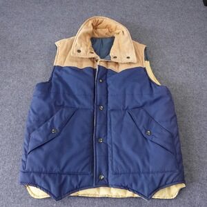 Vintage USA Reversible Puffer Vest Mens Medium Navy Blue Corduroy Collar Western